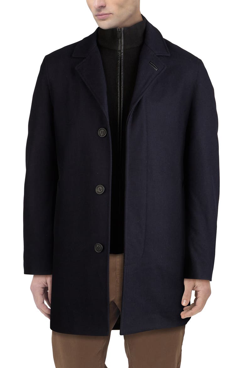 Wool Blend Topcoat with Inset Knit Bib, Main, color, NAVY