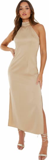 Satin Halter Neckline Midi Dress
