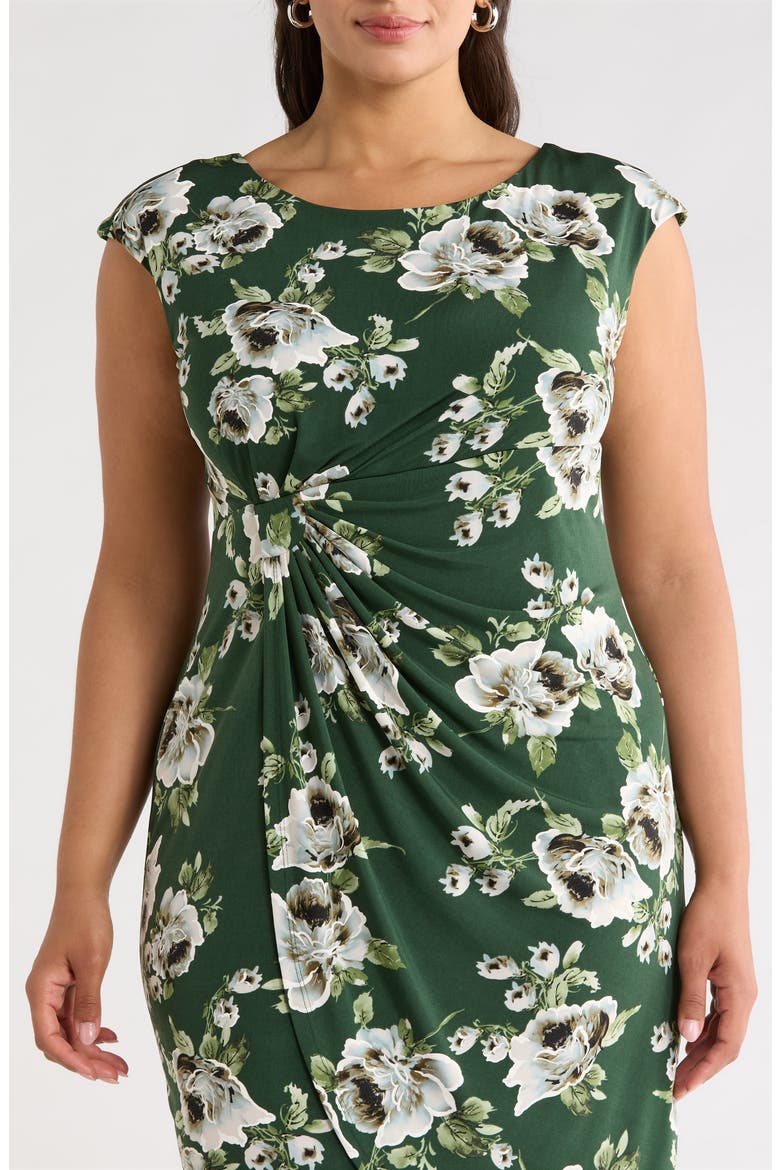 Floral Cap Sleeve Faux Wrap Midi Dress, Alternate, color, MOSS