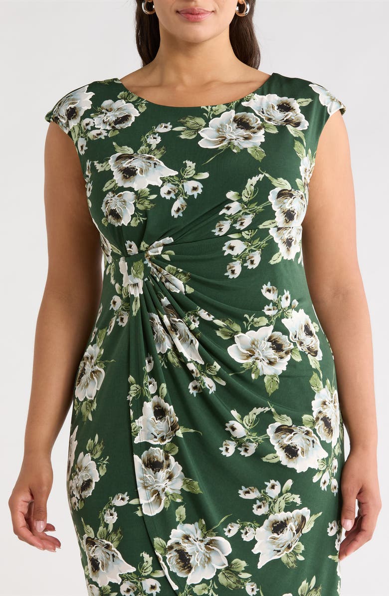 Connected Apparel Floral Cap Sleeve Faux Wrap Midi Dress, Alternate, color, Moss