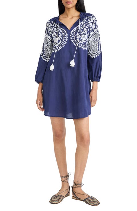 Embroidered Long Sleeve Cotton Shift Dress