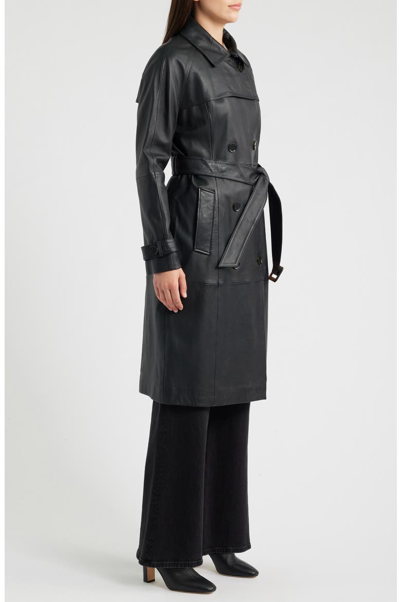 Double Breasted Leather Trench Coat, Alternate, color, BLACK