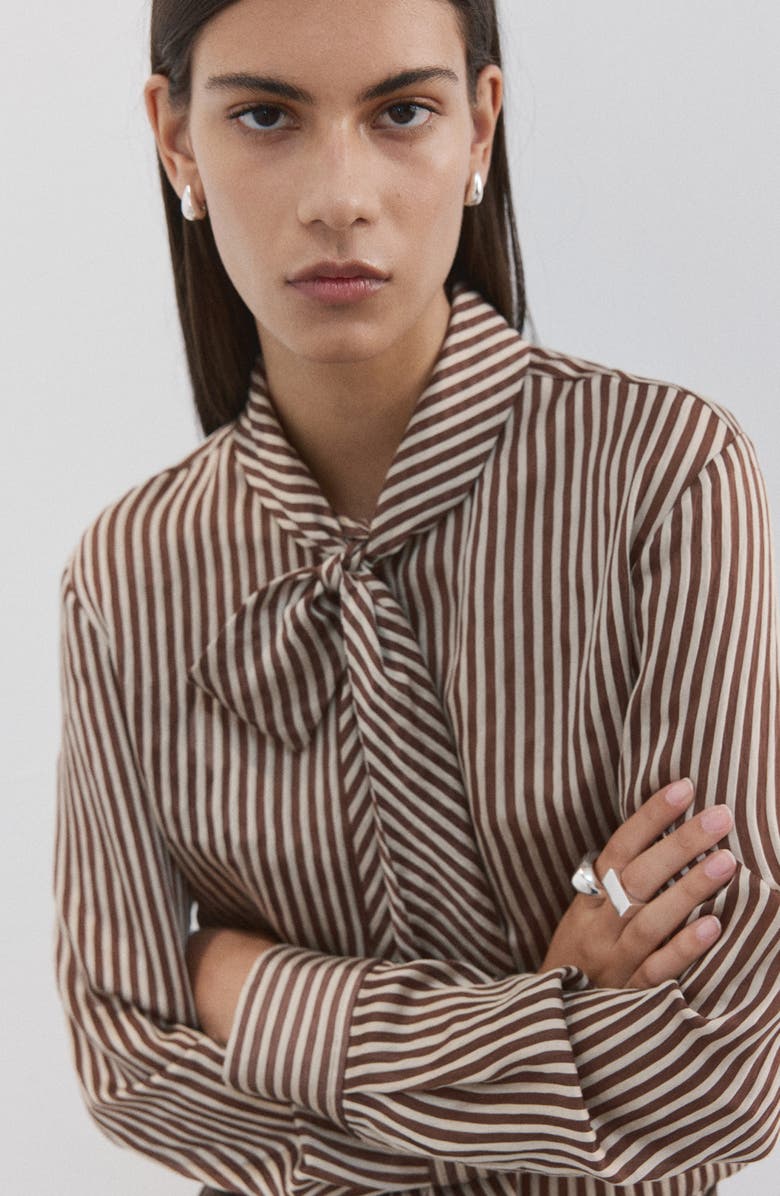 MANGO Stripe Tie Neck Top, Alternate, color, Brown