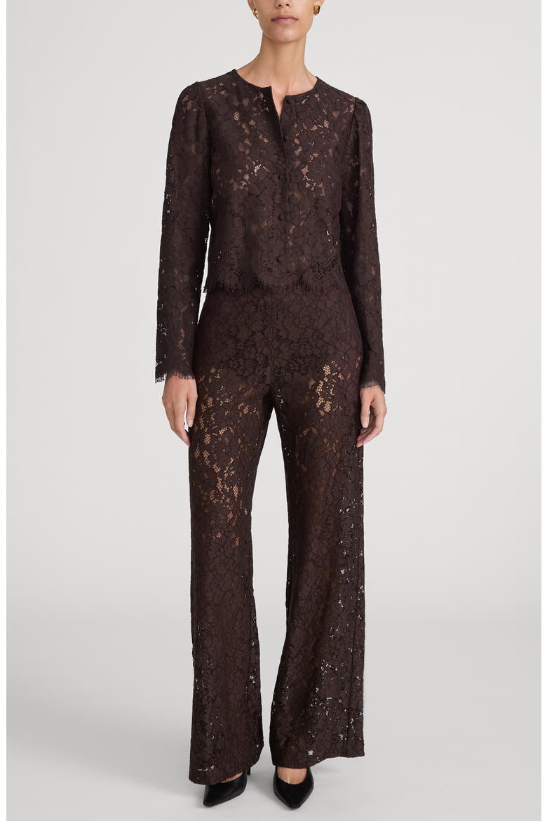 Sheer Crop Organic Cotton Blend Eyelash Lace Button-Up Shirt, Alternate, color, DEEP RUBY