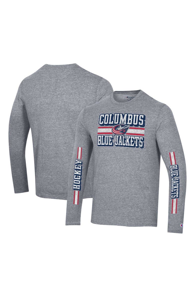 Champion Men's Champion Heather Gray Columbus Blue Jackets Tri-Blend Dual-Stripe Long Sleeve T-Shirt, Main, color, 
