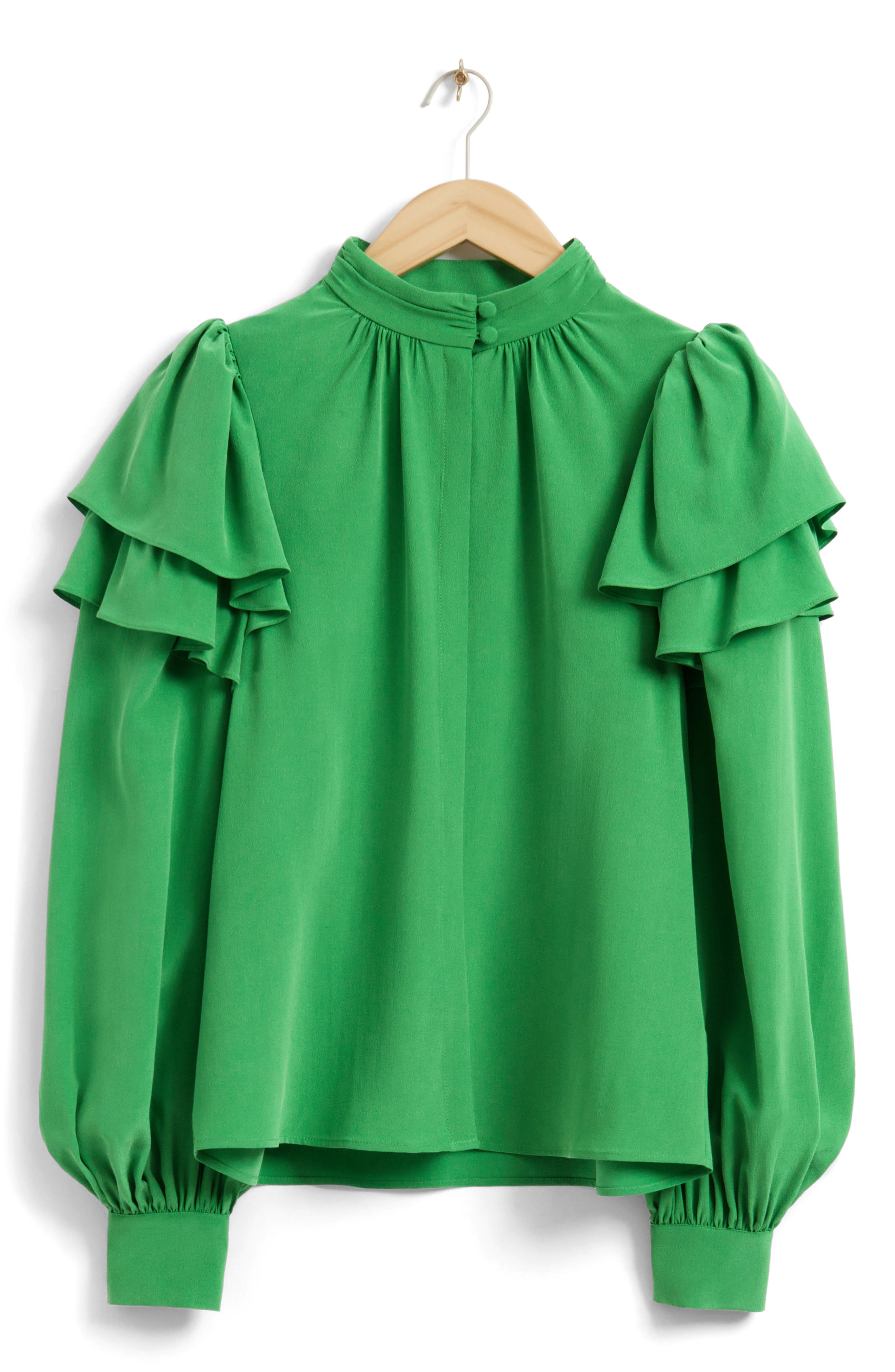 & Other Stories Mulberry Silk Ruffle Long Sleeve Button-Up Shirt