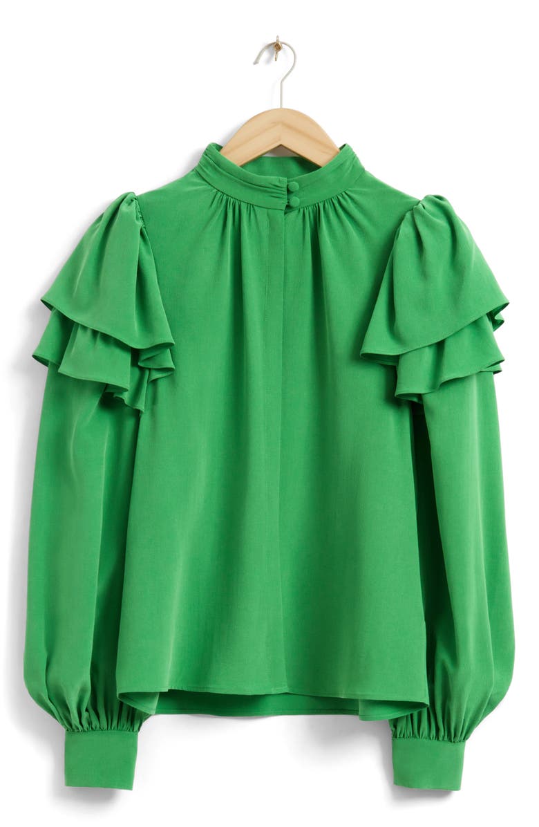& Other Stories Mulberry Silk Ruffle Long Sleeve Button-Up Shirt, Main, color, Green