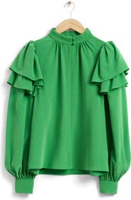 & Other Stories Mulberry Silk Ruffle Long Sleeve Button-Up Shirt