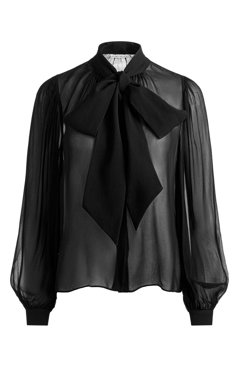 Alice + Olivia Brentley Tie Neck Sheer Long Sleeve Button-Up Shirt, Alternate, color,