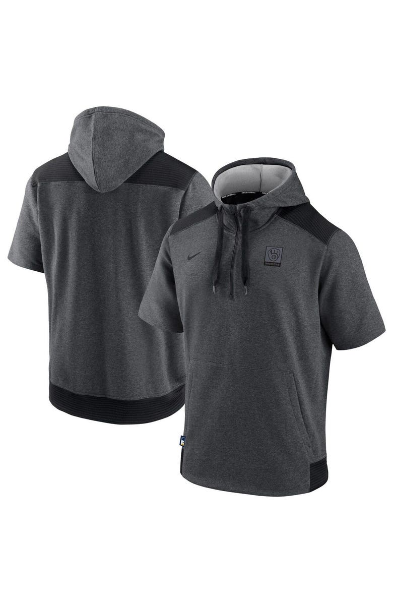 Nike Men's Nike Heathered Charcoal/Black Milwaukee Brewers Authentic Collection Dry Flux Performance Quarter-Zip Short Sleeve Hoodie, Main, color,