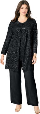 Roaman's Plus-Size 3 Piece Allover Sequin Lace Jacket And Tank Pant Set