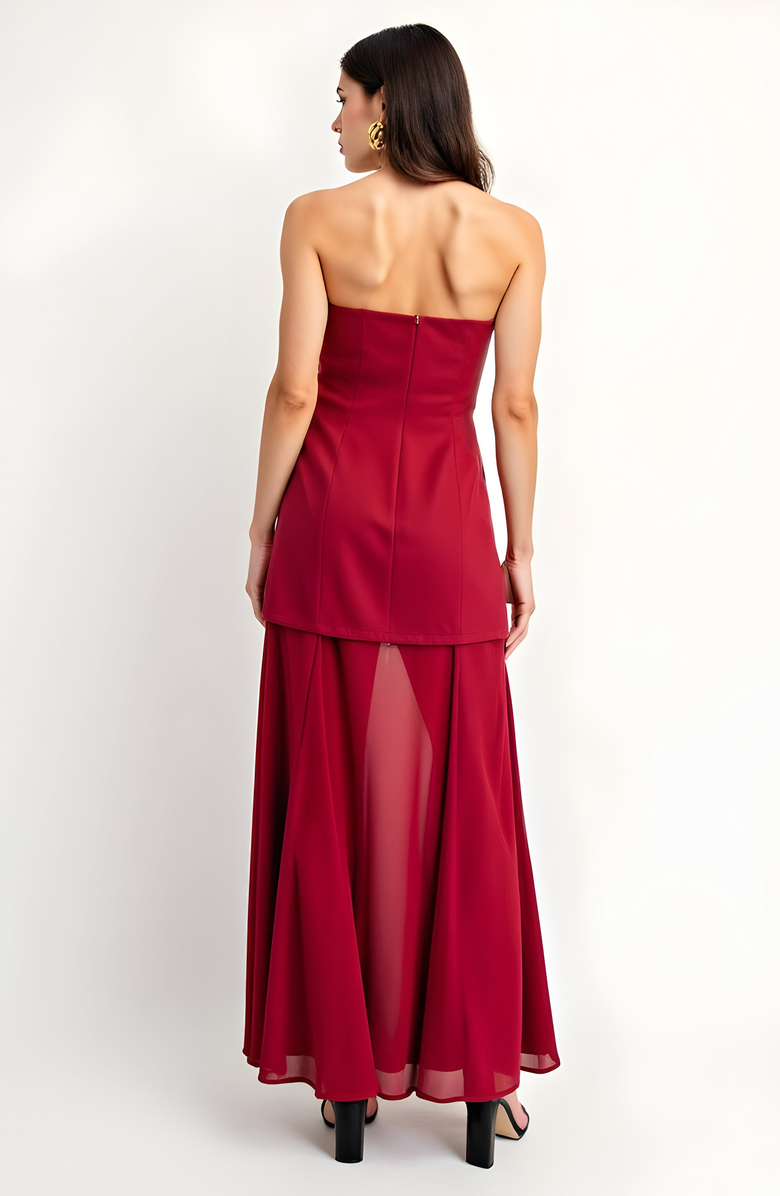 Modenaire Strapless Evening Gown with Sheer Panel Skirt and Fitted Bodice, Alternate, color, Red
