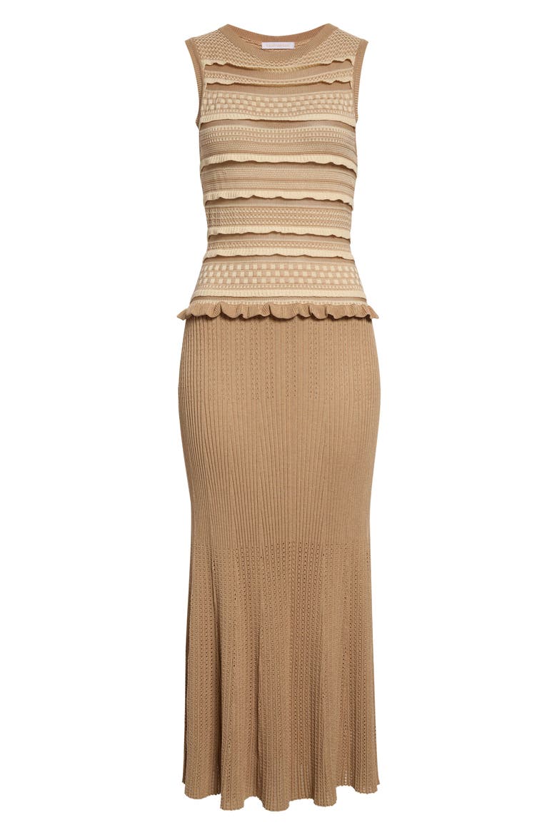 Annie Ruffle Sleeveless Midi Dress, Alternate, color, CAMEL/ IVORY COMBO