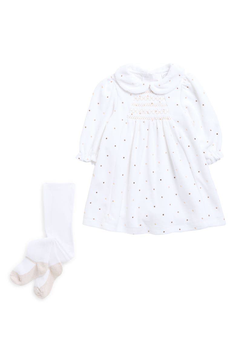Little Me Smocked Dots Velour Dress Set, Main, color, White