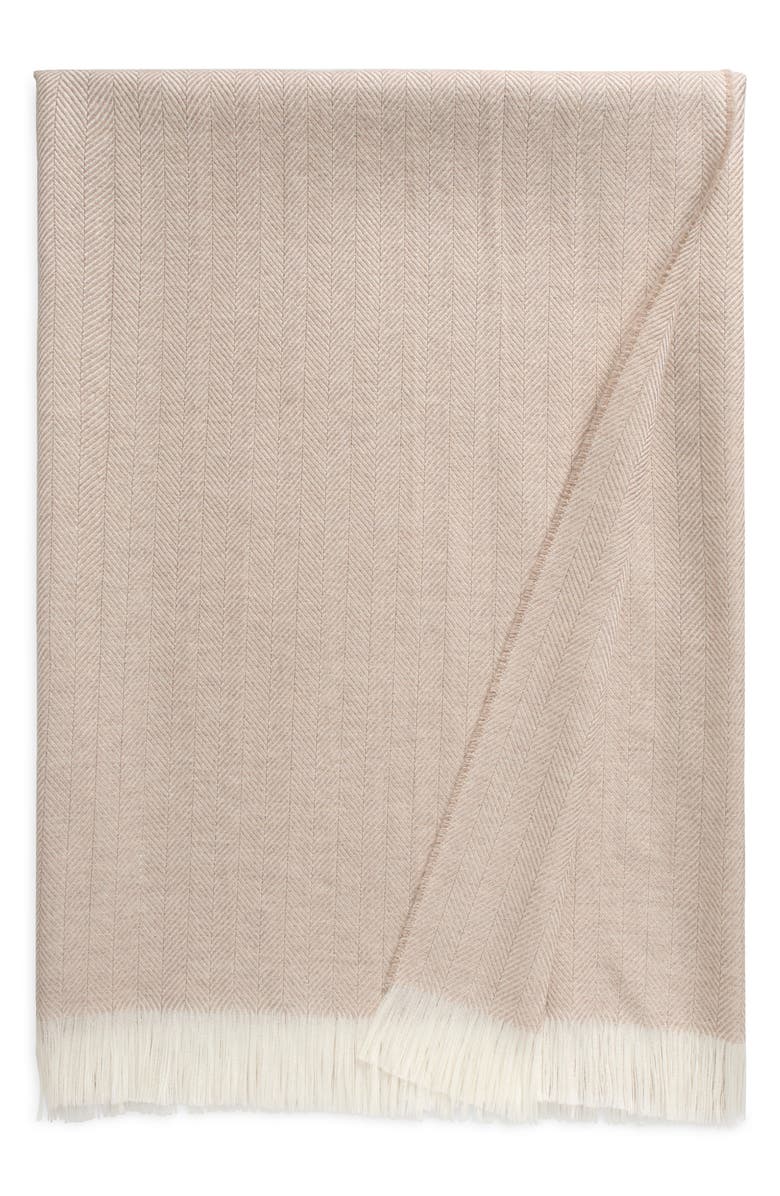 Johnstons of Elgin Fringed Wool Herringbone Throw Blanket, Main, color,