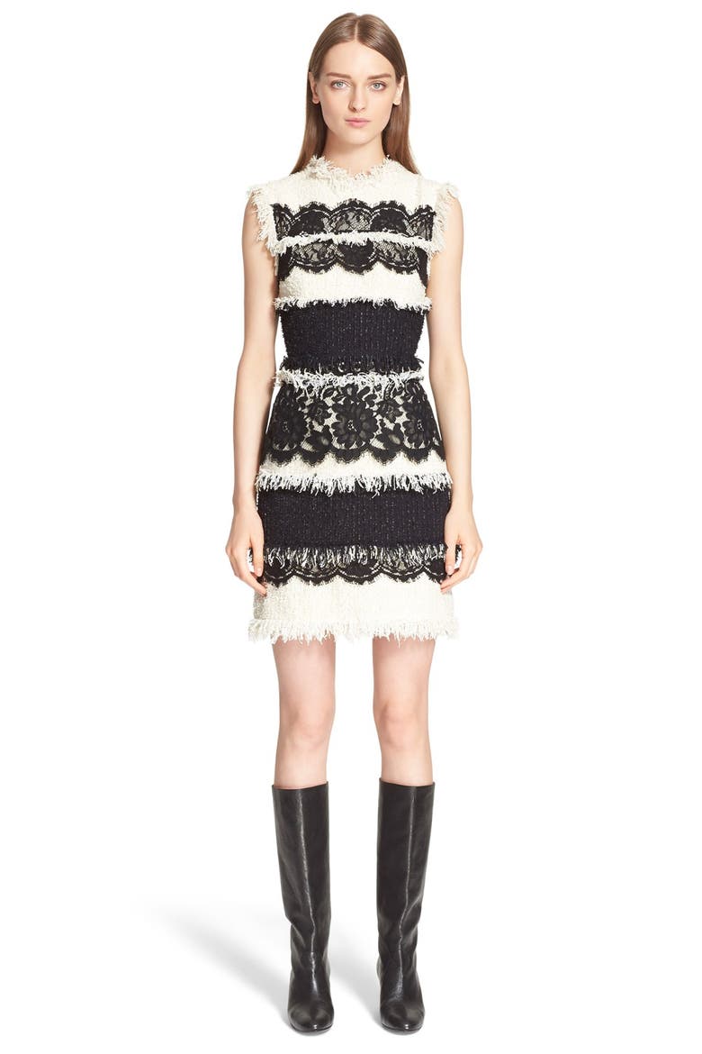 Tweed & Lace Sleeveless Dress, Main, color, IVORY/ BLACK