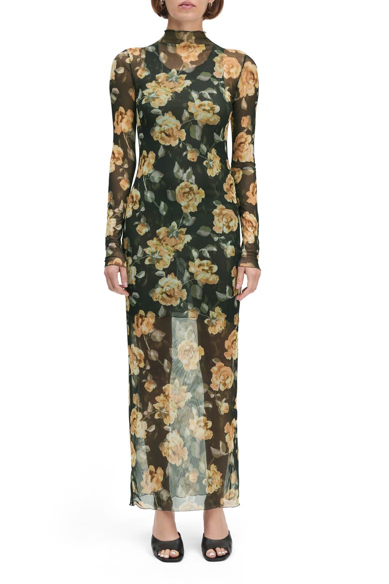 The Sheer Fantasy Floral Long Sleeve Mesh Maxi Dress, Main, color, GOLDEN FLOWERBED