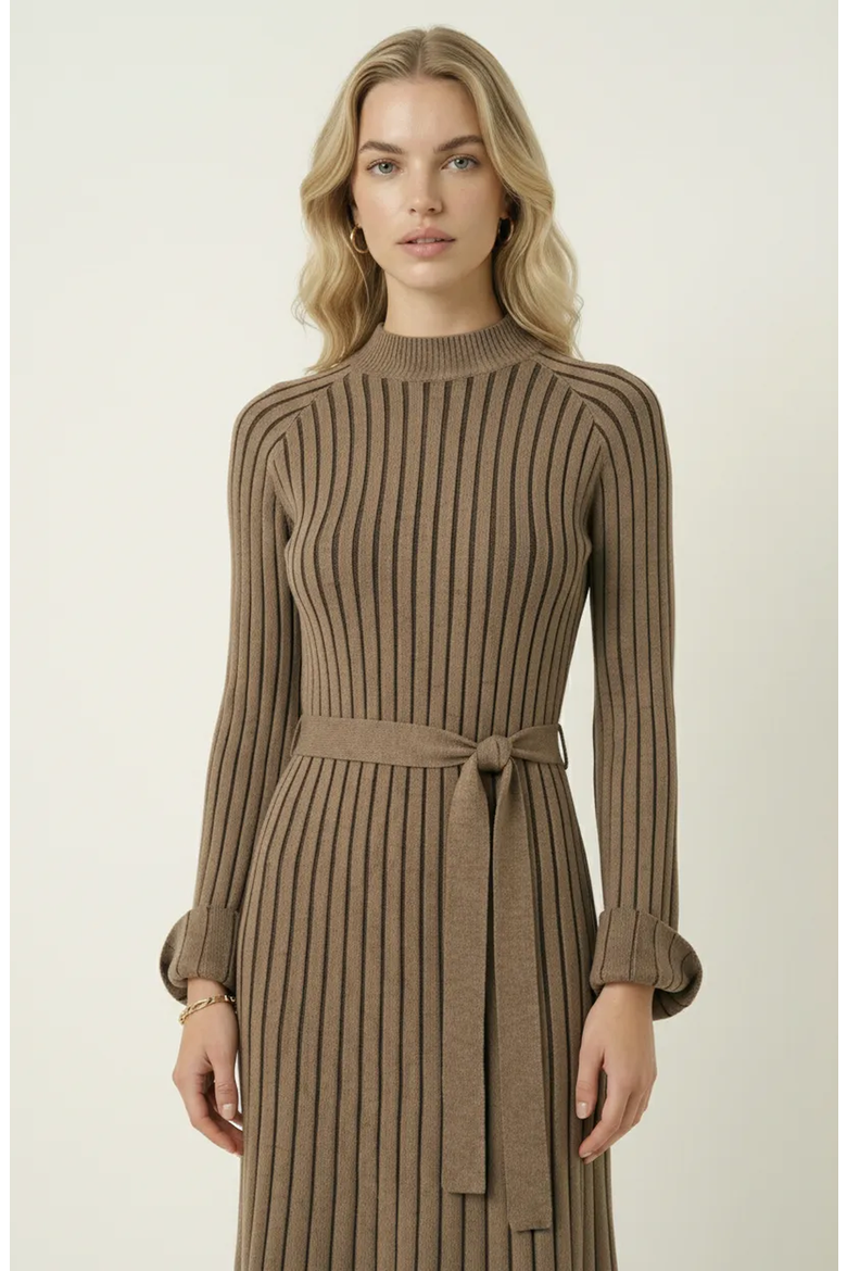 Ribbed Knit Long Sleeve Maxi Dress with Flared Cuffs and Fit-and-Flare, Alternate, color, Brown
