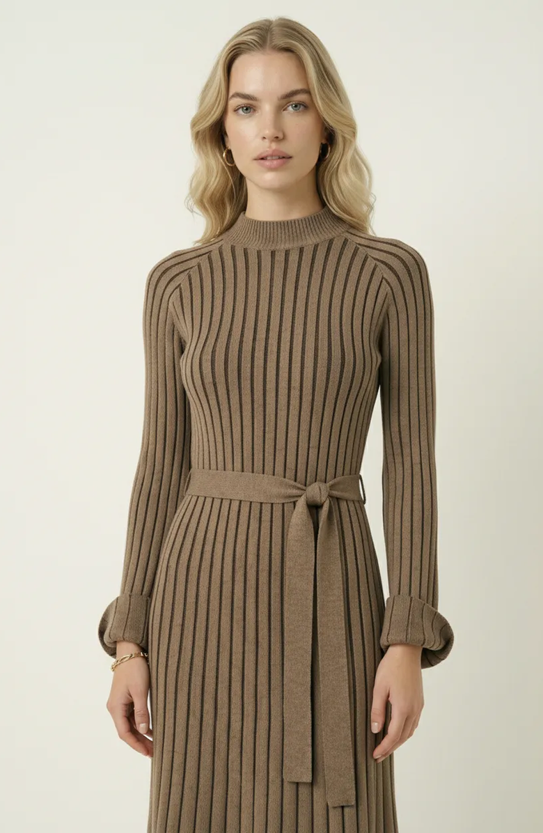 Modenaire Ribbed Knit Long Sleeve Maxi Dress with Flared Cuffs and Fit-and-Flare, Alternate, color, Brown