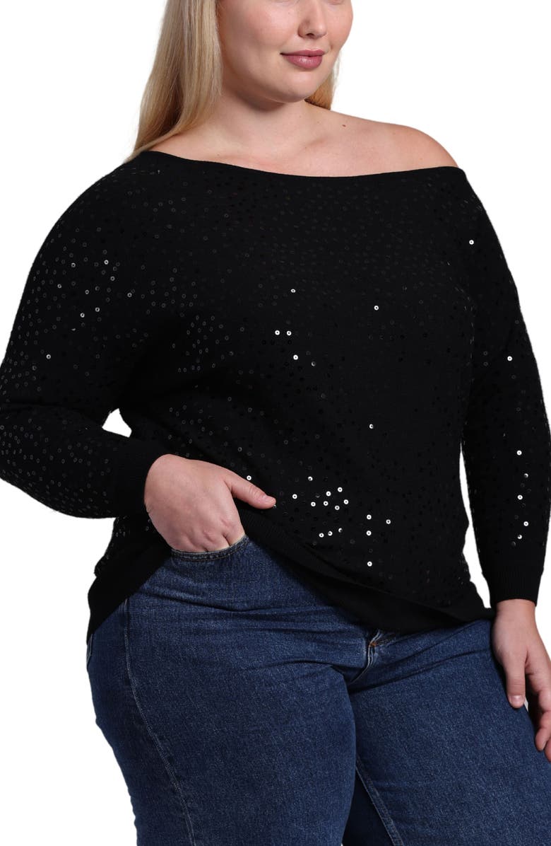 MINNIE ROSE One-Shoulder Sequin Sweater, Alternate, color, Black