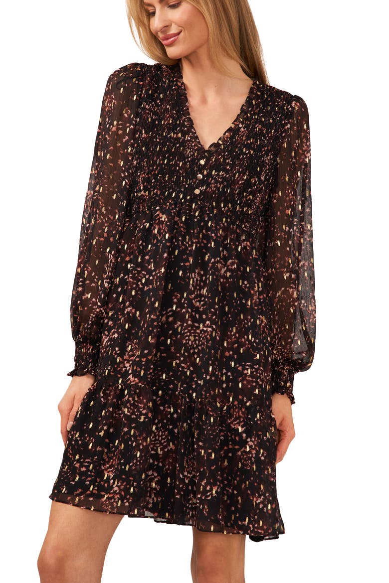 Print Smocked Long Sleeve Dress, Alternate, color, RICH BLACK