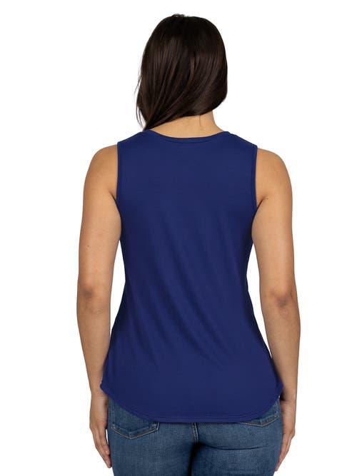 24seven Comfort Apparel Petites V-neck Tunic Tank Top With Round Hemline In Blue