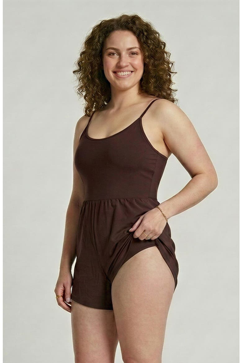 Ivy Short Swim Romper With Built-In Bra and Hidden Shorts, Alternate, color, Chocolate Brown