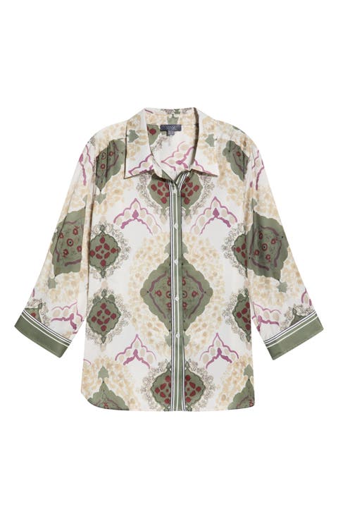 Ishani Scarf Print Button-Up Satin Shirt (Plus)