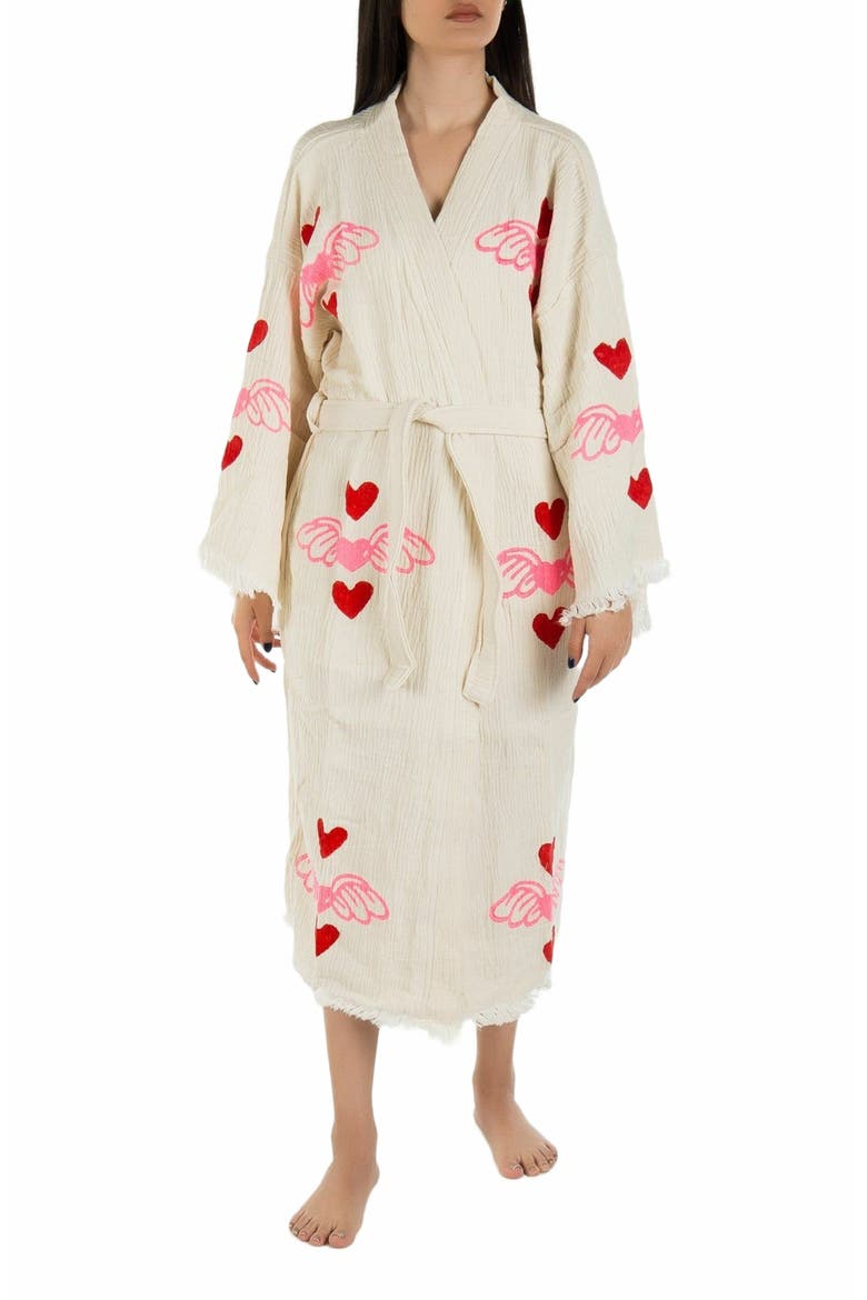 Valentine - Red Hearts Handmade Cotton Robe Cover-Up, Alternate, color, Off-White