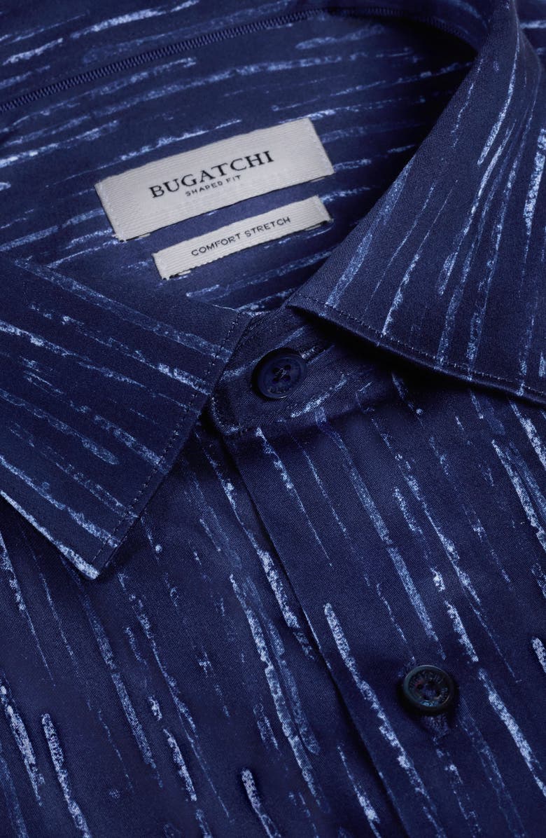 Bugatchi Axel Shaped Fit Chalk Stripe Stretch Cotton Button-Up Shirt, Alternate, color, Navy