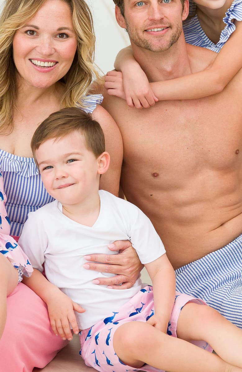 RuggedButts Short Sleeve Rashguard & Whale Print Swim Trunks Set, Alternate, color, Pink