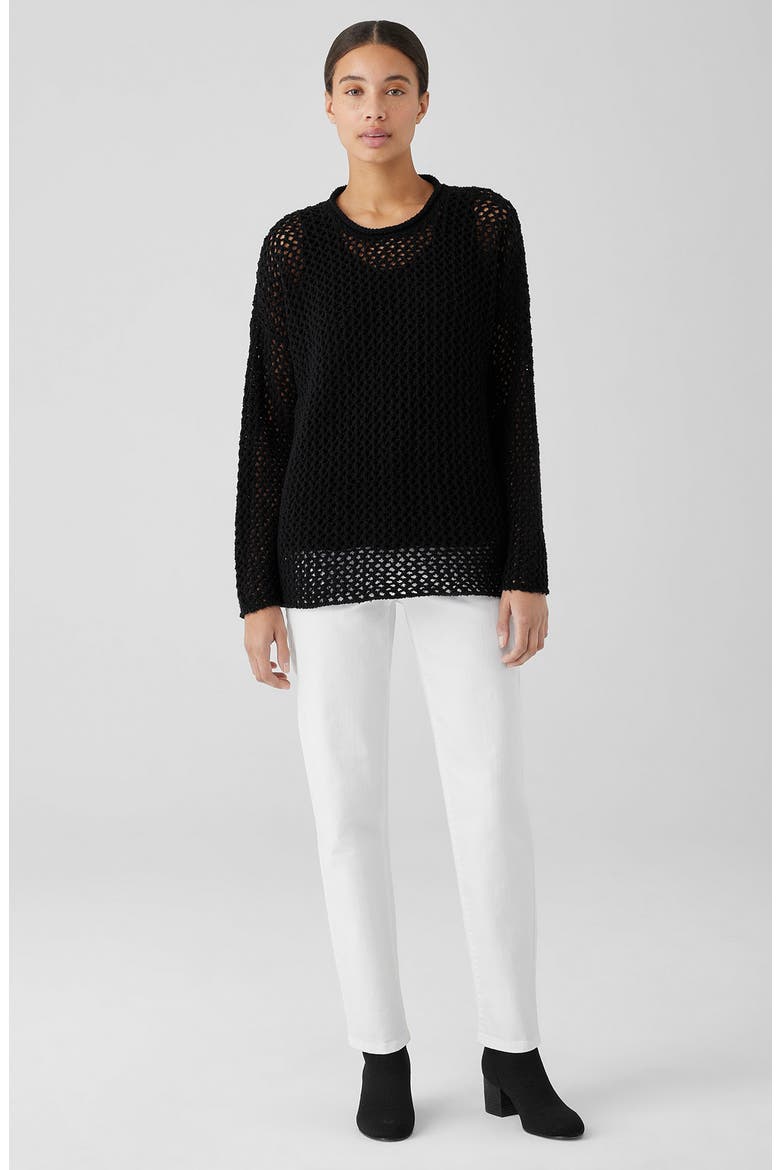 Open Stitch Crewneck Organic Cotton Sweater, Alternate, color, BLACK