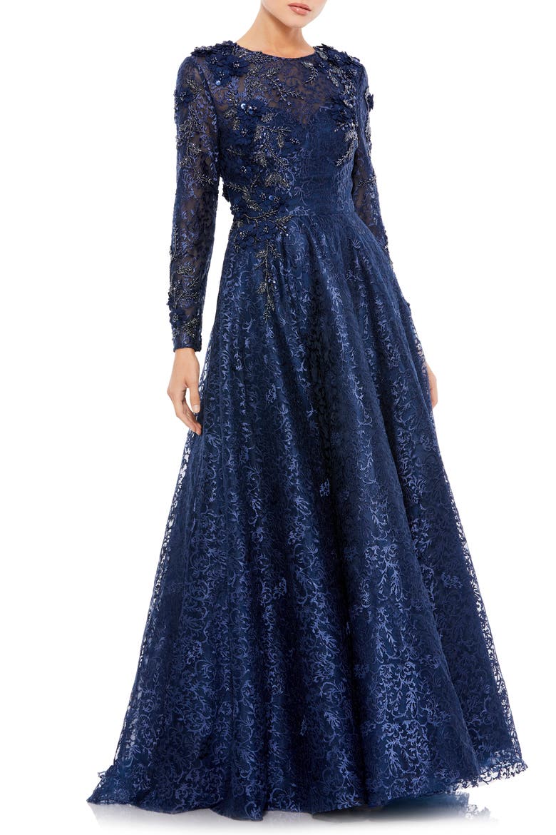 Floral Embroidered & Beaded Long Sleeve Mesh Gown, Main, color, MIDNIGHT