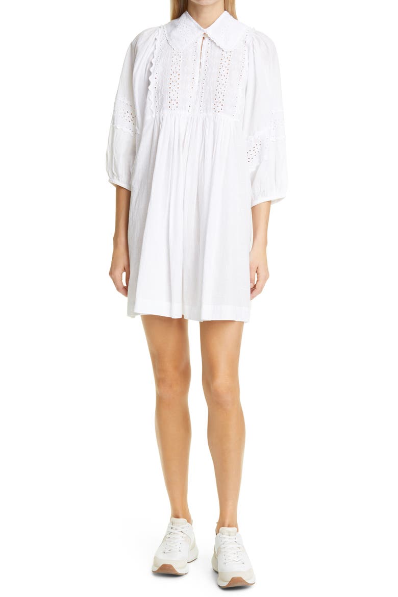 Broderie Anglaise Minidress with Removable Collar, Main, color, WHITE