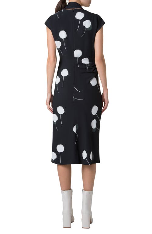 Akris Windflower-print Cap-sleeve Crepe Midi Dress With Detachable Bow In Black-ecru