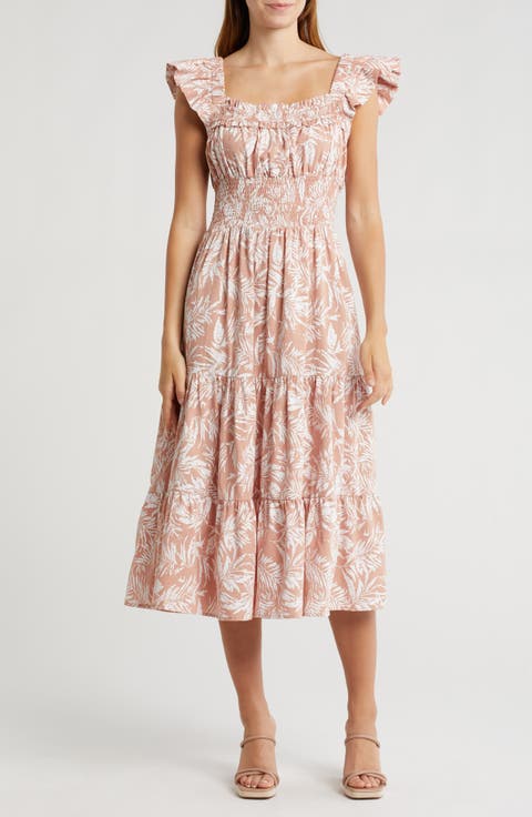 Square Neck Ruffle Sleeve Midi Dress