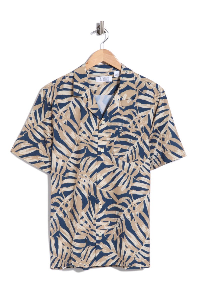 Palm Leaf Print Seersucker Camp Shirt, Alternate, color, SARGASSO SEA