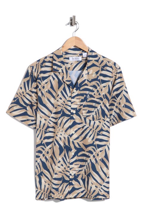 Palm Leaf Print Seersucker Camp Shirt