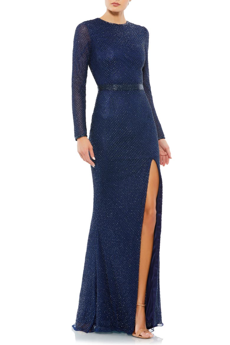 Bugle Bead Long Sleeve Sheath Gown, Main, color, MIDNIGHT