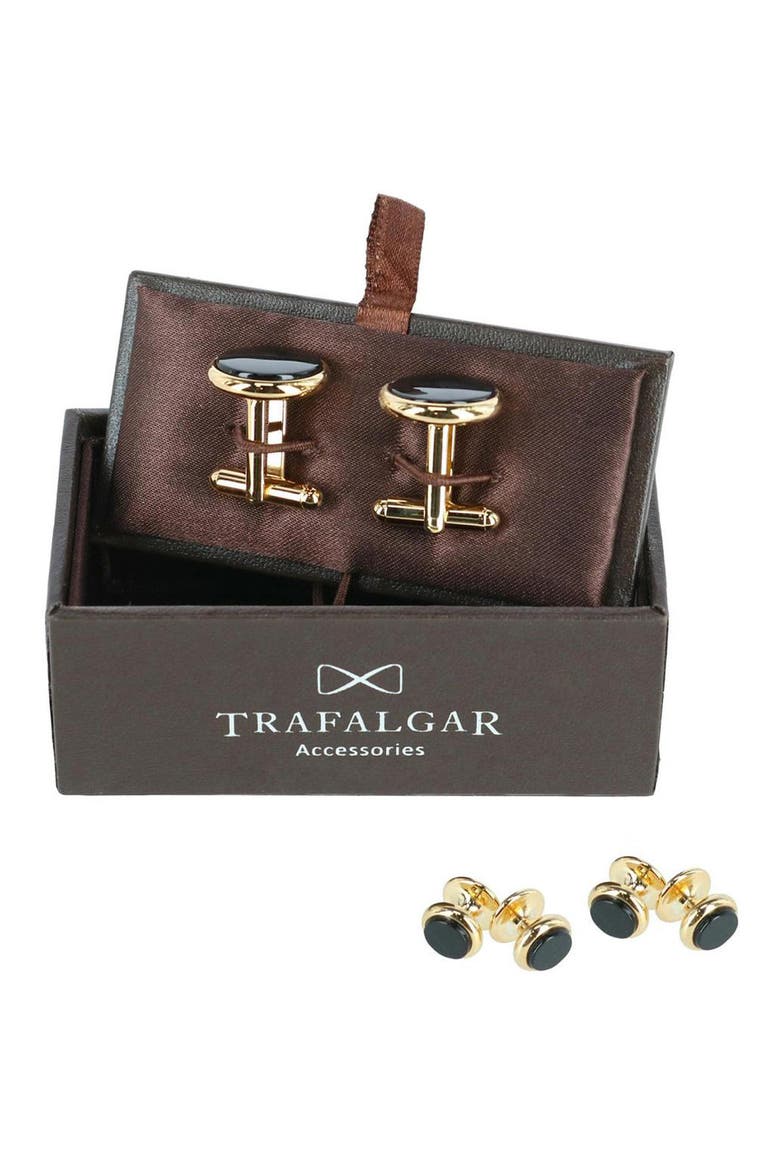Sutton Onyx Cuff Link & Stud Set, Alternate, color, 24 KARAT GOLD AND GENUINE ONYX
