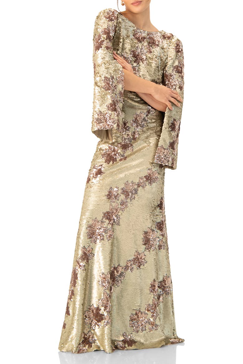 Floral Sequin Gown with Open Back, Alternate, color, Gold
