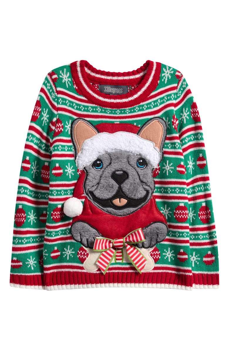 33 DEGREES Kids' Xmas Frenchie Holiday Sweater, Main, color, Green Red Combo