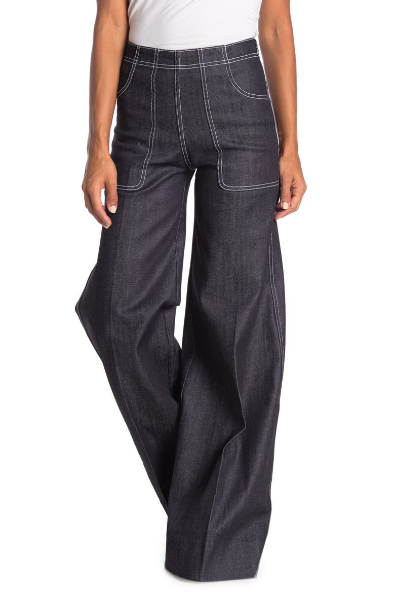 Topstitched Wide Leg Denim Jeans, Main, color, STEEL BLUE
