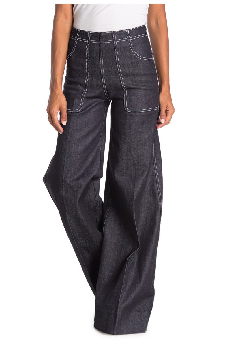 Burberry Topstitched Wide Leg Denim Jeans, Main, color,
