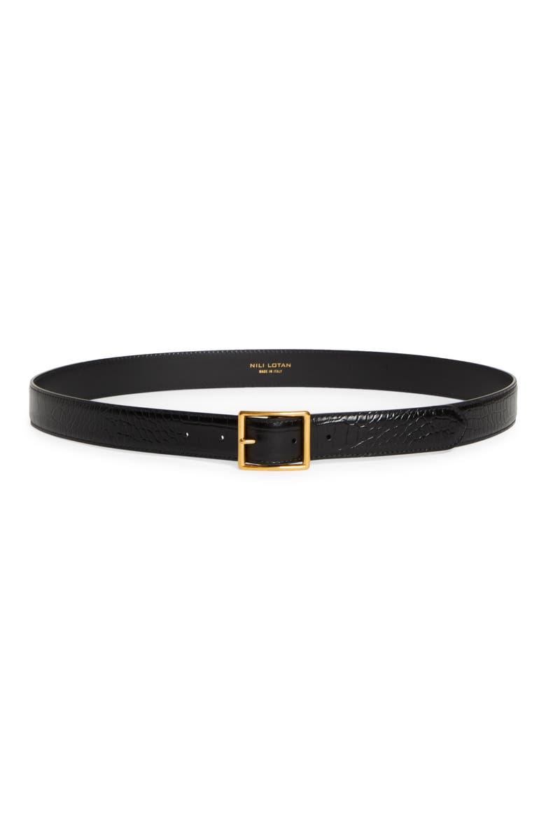 Gabriele Croc Embossed Leather Belt, Main, color, BLACK W/ ANTIQUE GOLD BUCKLE