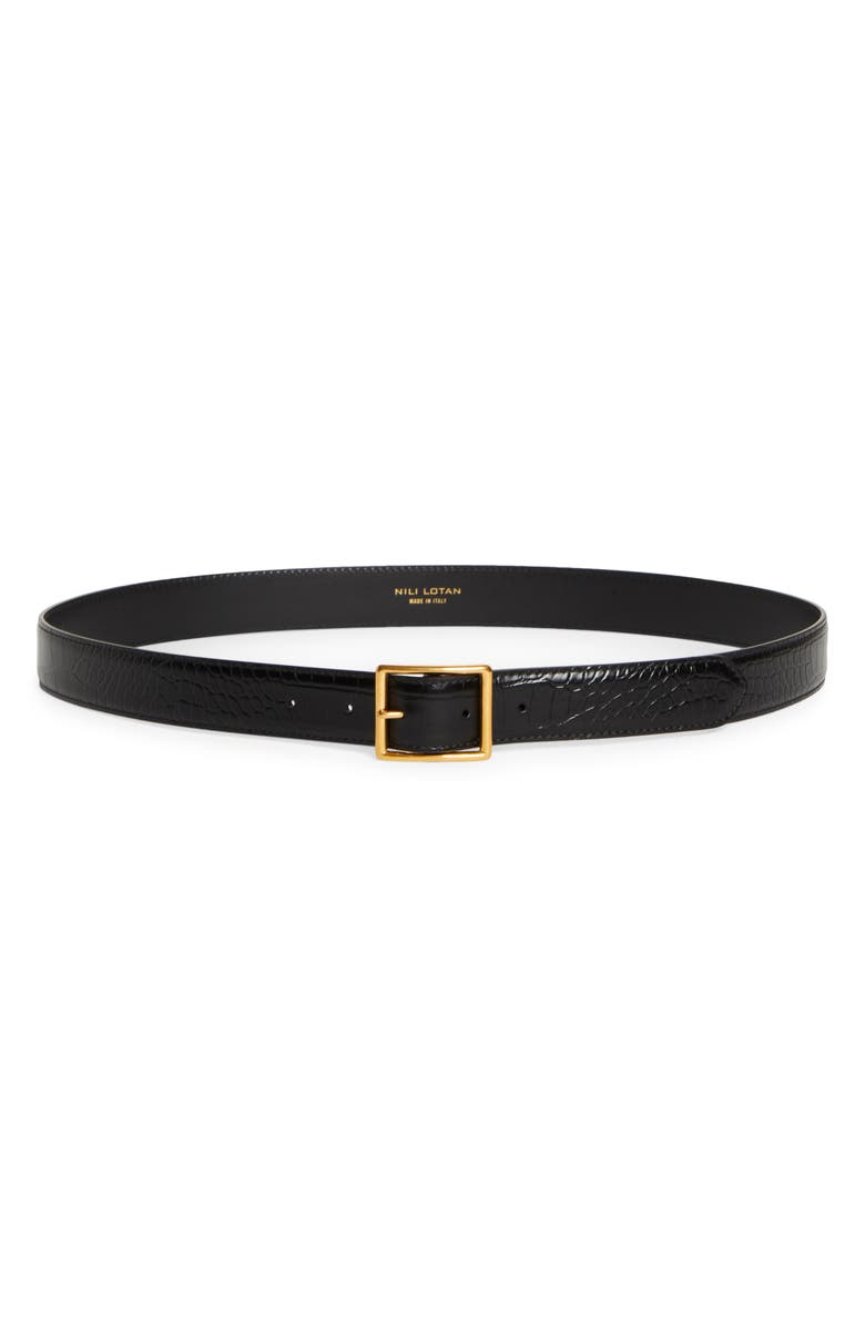 Nili Lotan Gabriele Croc Embossed Leather Belt, Main, color, Black W/ Antique Gold Buckle