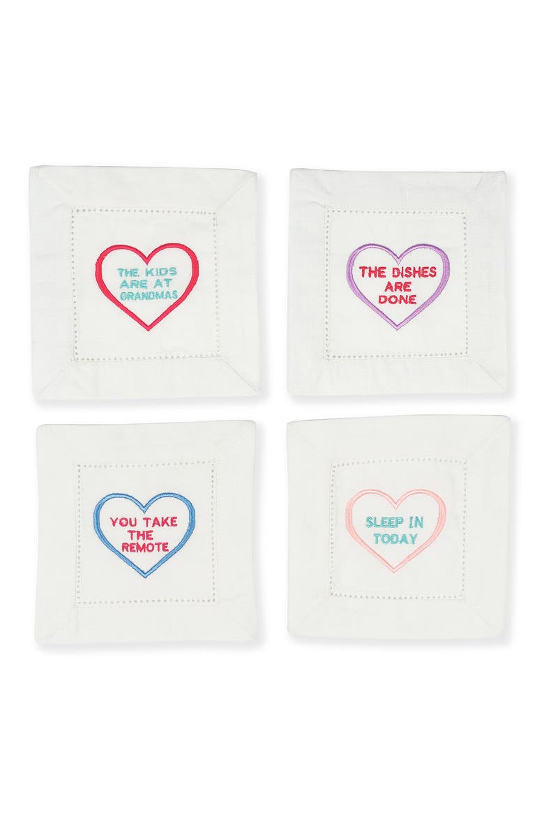 Set of 4 Embroidered Linen Napkins, Main, color, WHITE/ HEARTS