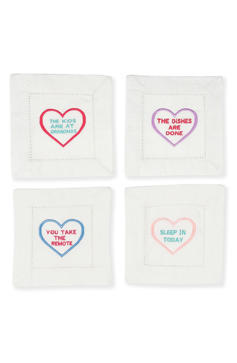 Tiramisu Set of 4 Embroidered Linen Napkins, Main, color, White/ Hearts