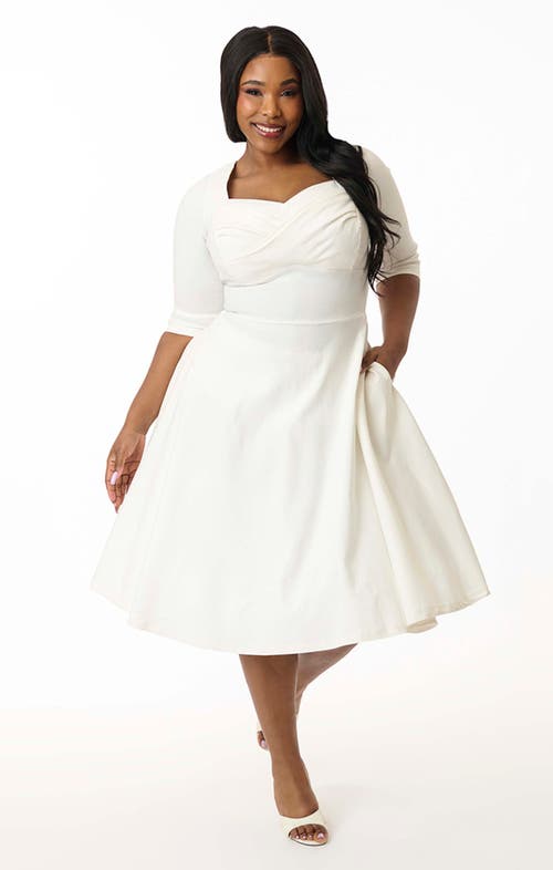 Unique Vintage Plus Size Pleated Bust Swing Dress In White