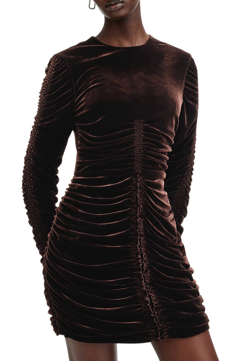 Eris Long Sleeve Velvet Minidress, Alternate, color, RICH BROWN